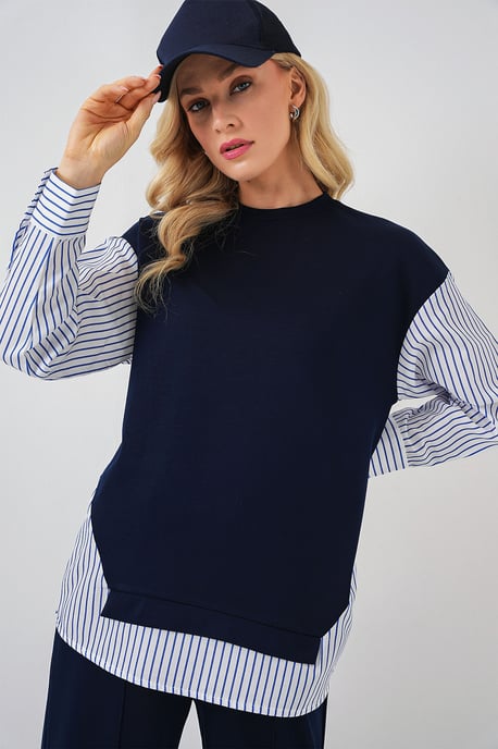 Randig lång t-shirt med rund hals, tvådelad set - Image 2