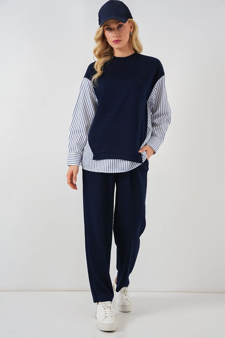 Randig lång t-shirt med rund hals, tvådelad set - Image 3