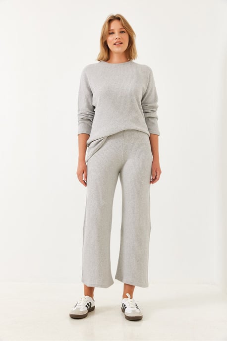 Ribbad Texturerad Crew Neck Tröja och Byxset - Image 2