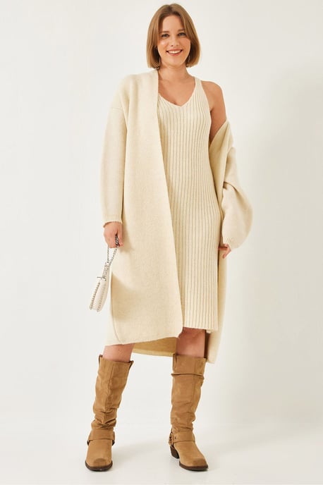 Gestructureerde Brei V-Hals Cardigan-Jurk Twee-Delige Set - Image 1