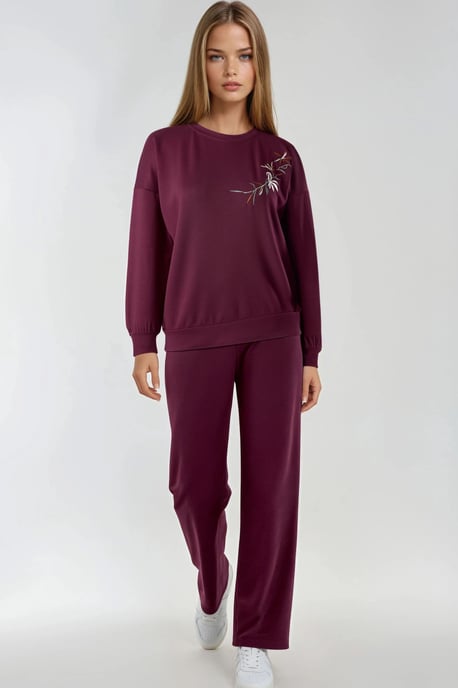 Broderad sweatshirt med rundad hals och byxor med rak ben, tvådelat set - Image 5
