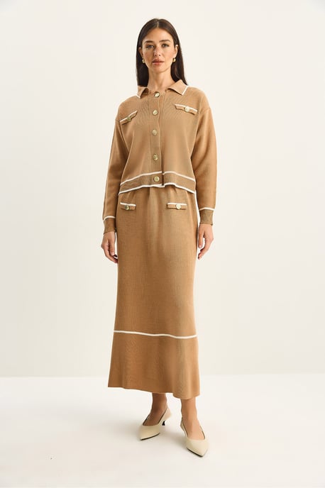 Geribbelde Tricot Midi Twee-Delige Set met Knopen Sluiting - Image 2