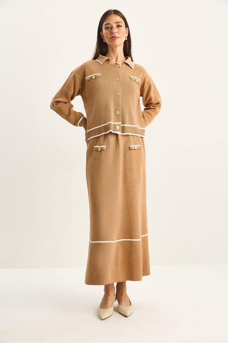 Geribbelde Tricot Midi Twee-Delige Set met Knopen Sluiting - Image 3