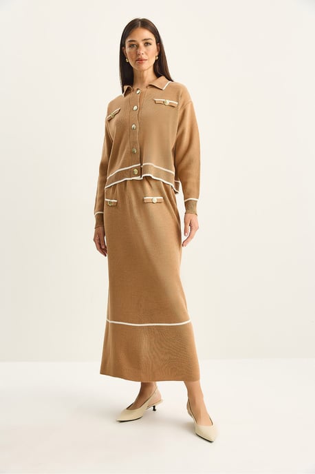 Geribbelde Tricot Midi Twee-Delige Set met Knopen Sluiting - Image 4