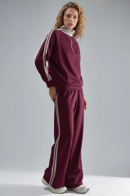 Modal Touch Wide Leg Striped Two-Piece Coord Set with Zipper Collar - Image 3