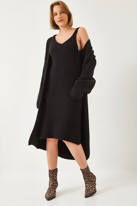 Textured Knitwear V-Neck Cardigan-Dress Two-Piece Set - Image 1