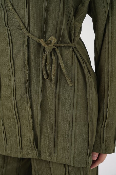 Texturerad V-ringad kimono med knytmidja och vida byxor set - Image 6