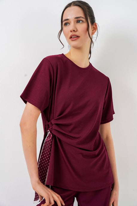 Crew Neck Tie Detail Ribbed Co-Ord Set with Wide Leg Trousers - Image 2