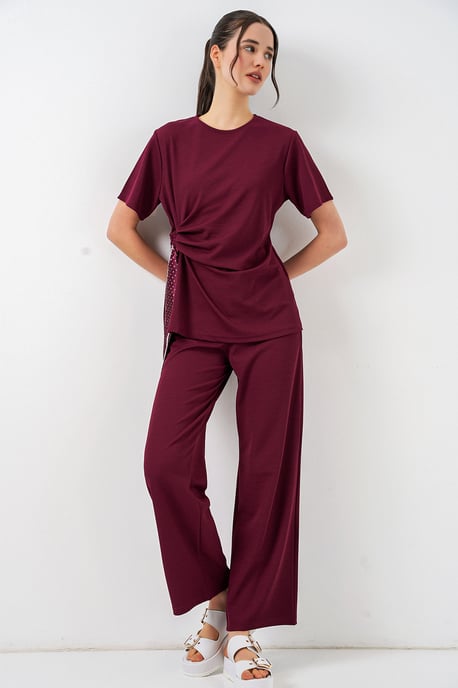 Crew Neck Tie Detail Ribbed Co-Ord Set with Wide Leg Trousers - Image 3