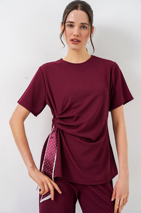 Crew Neck Tie Detail Ribbed Co-Ord Set with Wide Leg Trousers - Image 4