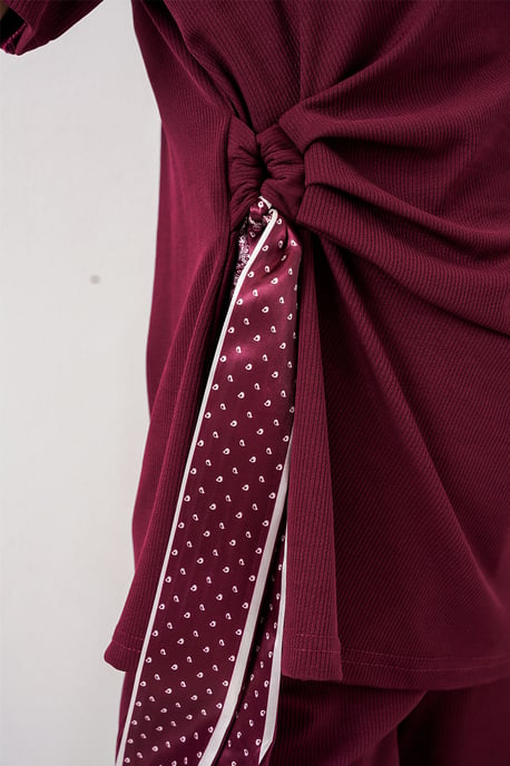 Crew Neck Tie Detail Ribbed Co-Ord Set with Wide Leg Trousers - Image 5