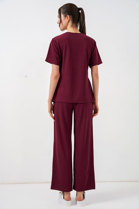Crew Neck Tie Detail Ribbed Co-Ord Set with Wide Leg Trousers - Image 6