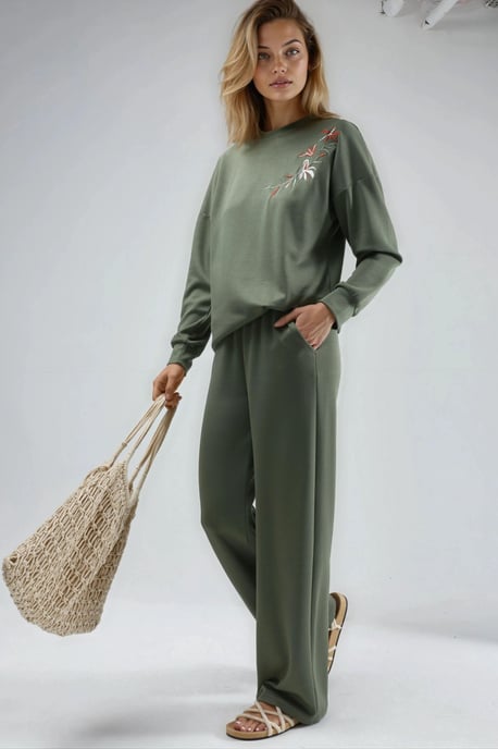Broderad crew neck sweatshirts och rak benbyxor tvådelat set - Image 5