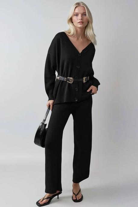 V-hals cardigan en wijde broek brei-set - Image 1
