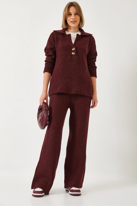 Hoge Taille Wijdpijpen Twee-delige Set met Hemdkragen - Image 1