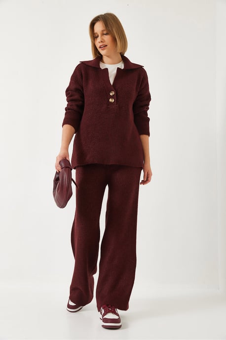 Hoge Taille Wijdpijpen Twee-delige Set met Hemdkragen - Image 3