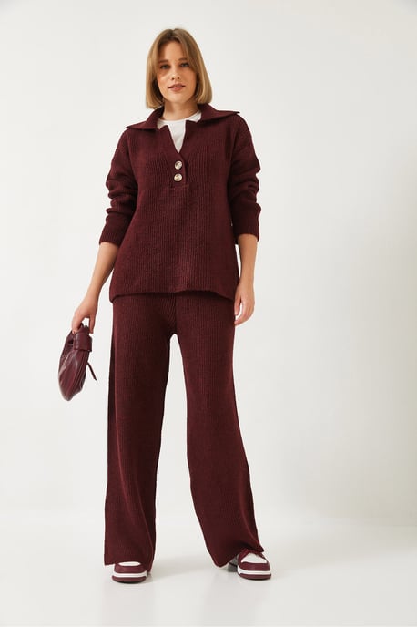 Hoge Taille Wijdpijpen Twee-delige Set met Hemdkragen - Image 4