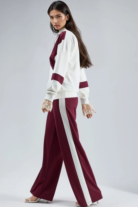 Modal Touch Color Blocked Zipper Collar Wide Leg Two-Piece Set - Image 2
