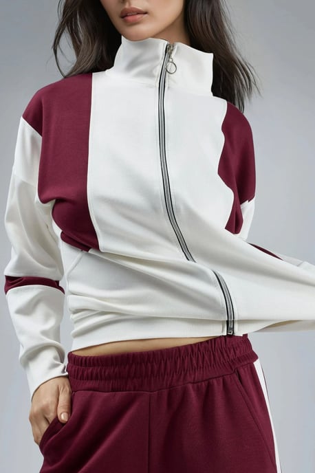 Modal Touch Color Blocked Zipper Collar Wide Leg Two-Piece Set - Image 5