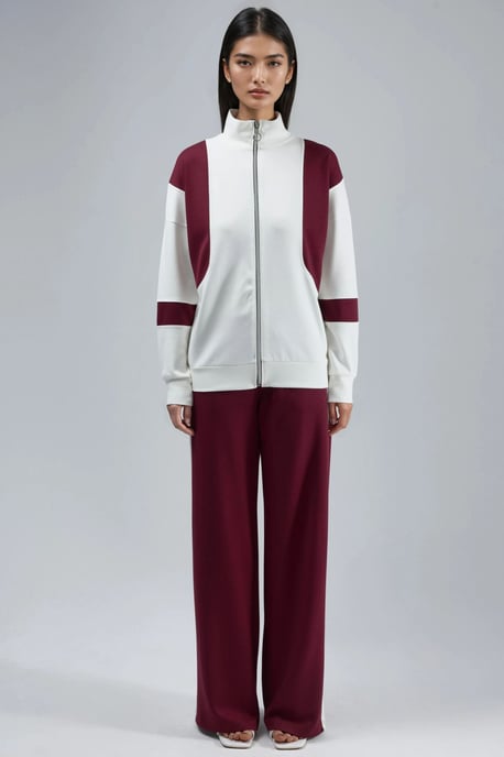 Modal Touch Color Blocked Zipper Collar Wide Leg Two-Piece Set - Image 6