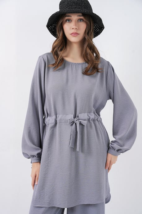 Tunic met ronde hals en strikdetail en wijde broek set - Image 2