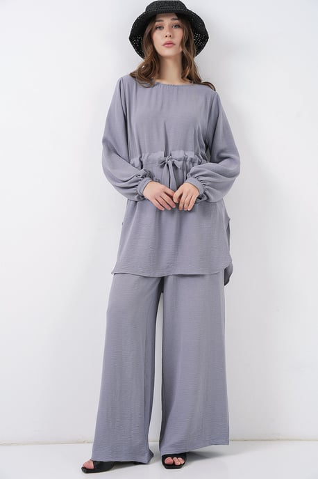 Tunic met ronde hals en strikdetail en wijde broek set - Image 3
