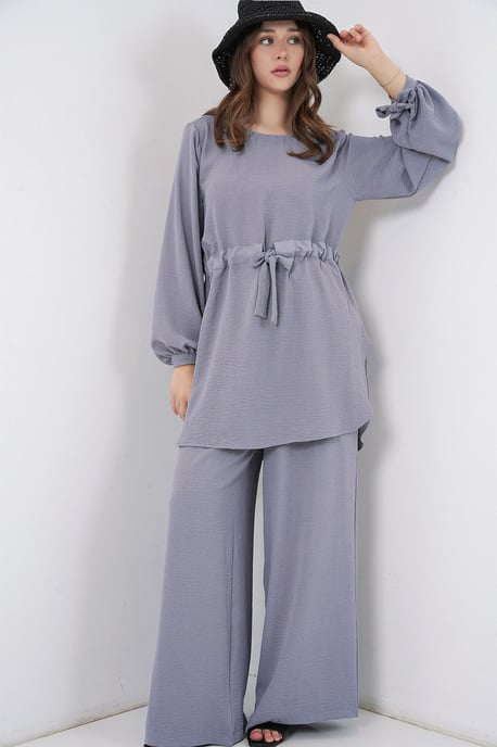 Tunic met ronde hals en strikdetail en wijde broek set - Image 4