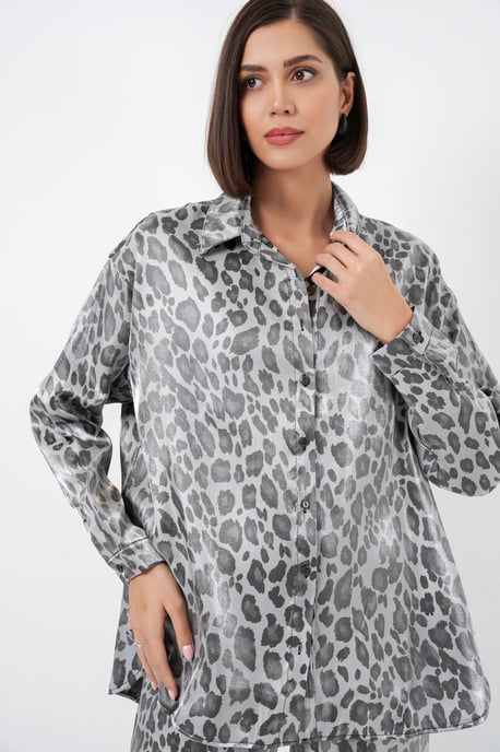 Leopardtryck Knapp-Up Skjorta och Vida Byxor Satäng Tvådelad Set - Image 2