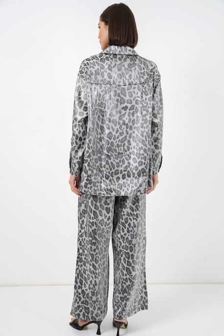 Leopardtryck Knapp-Up Skjorta och Vida Byxor Satäng Tvådelad Set - Image 6