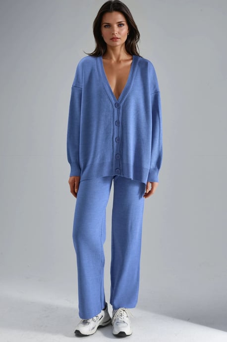 V-hals Cardigan en Wijde Pantalon Gebreide Set - Image 2