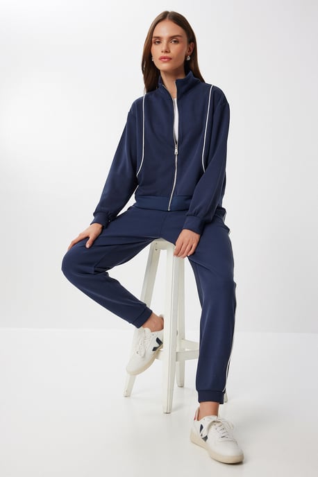 Contrast Binding Gedetailleerde Rits Sweater & Jogger Twee-Delige Set - Image 1