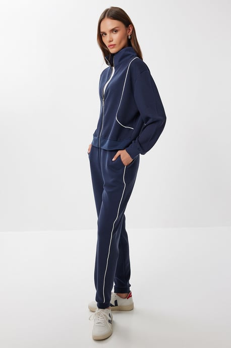 Contrast Binding Gedetailleerde Rits Sweater & Jogger Twee-Delige Set - Image 2