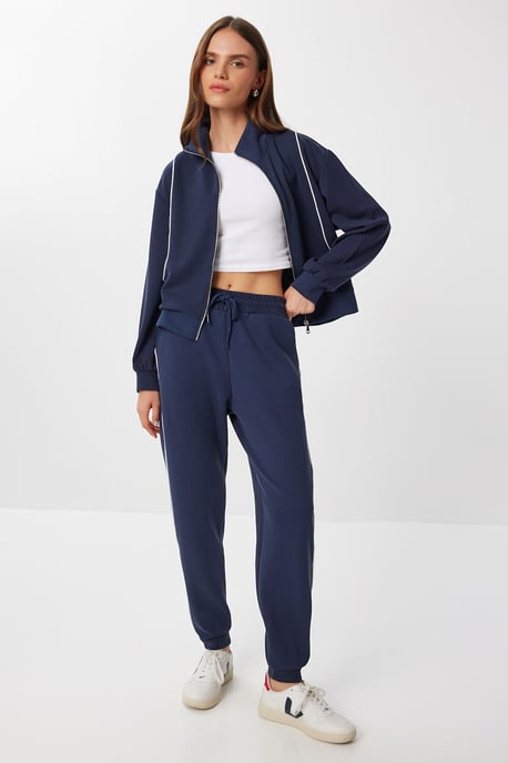 Contrast Binding Gedetailleerde Rits Sweater & Jogger Twee-Delige Set - Image 3