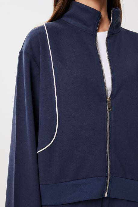 Contrast Binding Gedetailleerde Rits Sweater & Jogger Twee-Delige Set - Image 5