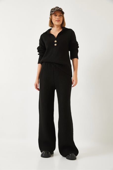 Hoge Taille Wijdpijpen Twee-delige Set met Hemdkragen - Image 2