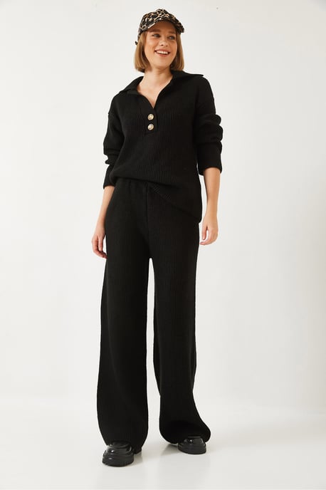 Hoge Taille Wijdpijpen Twee-delige Set met Hemdkragen - Image 3