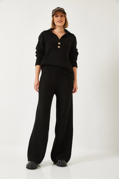 Hoge Taille Wijdpijpen Twee-delige Set met Hemdkragen - Image 4
