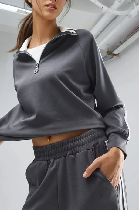 Modal Touch Brede Pijpen Gestreepte Tweedelige Co-ord Set met Ritskraag - Image 6