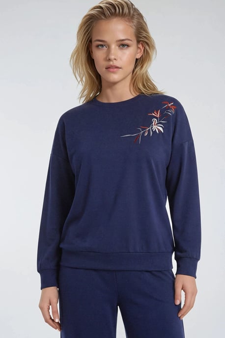 Embroidered Crew Neck Sweatshirt & Straight Leg Pants Two-Piece Set - Image 2