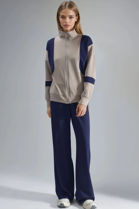 Modal Touch Color Blocked Zipper Collar Wide Leg Two-Piece Set - Image 1