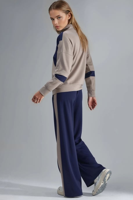 Modal Touch Color Blocked Zipper Collar Wide Leg Two-Piece Set - Image 2