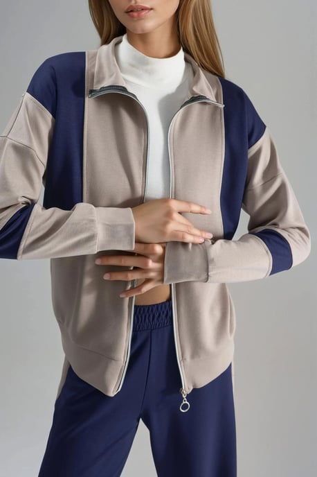 Modal Touch Color Blocked Zipper Collar Wide Leg Two-Piece Set - Image 3