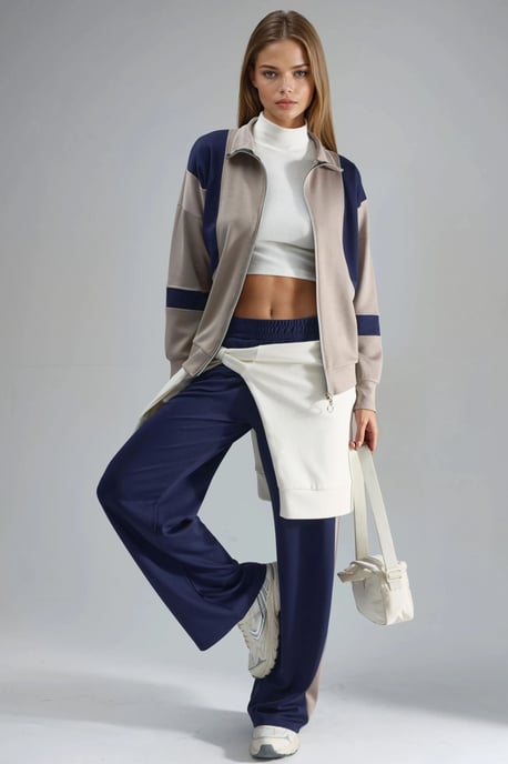 Modal Touch Color Blocked Zipper Collar Wide Leg Two-Piece Set - Image 4