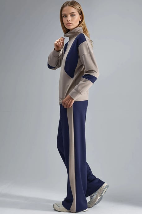 Modal Touch Color Blocked Zipper Collar Wide Leg Two-Piece Set - Image 5