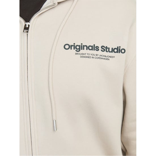 Men's Jack and Jones Vester Hooded Ribbed Cuff Lettering Sweat Jacket in Moonbeam - Image 4