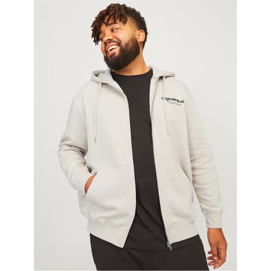 Men's Jack and Jones Vester Hooded Ribbed Cuff Lettering Sweat Jacket in Moonbeam - Image 5