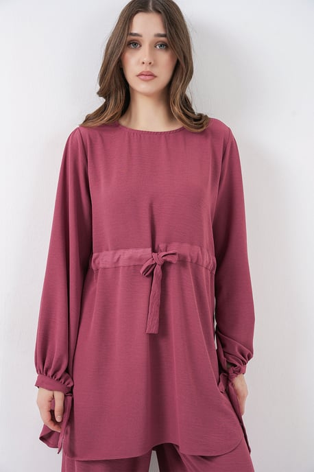 Crew Neck Tie Detail Tuniek en Brede Pantalon Set - Image 2