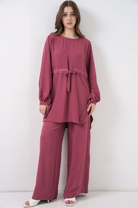 Crew Neck Tie Detail Tuniek en Brede Pantalon Set - Image 3