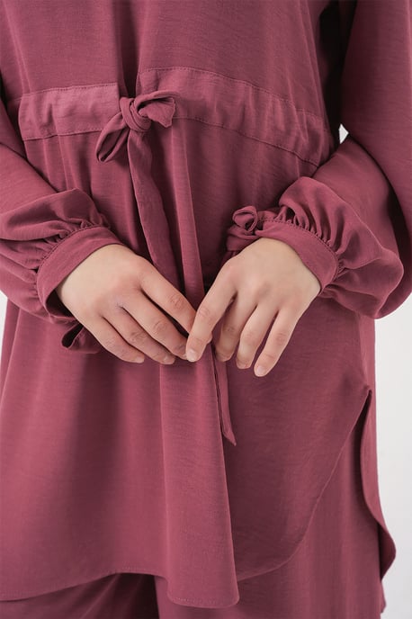 Crew Neck Tie Detail Tuniek en Brede Pantalon Set - Image 4