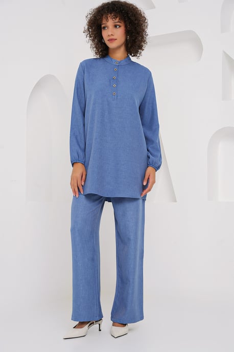 Gestructureerde Linnenmix Langsleevetunika en Wijde Pantalon Set - Image 3